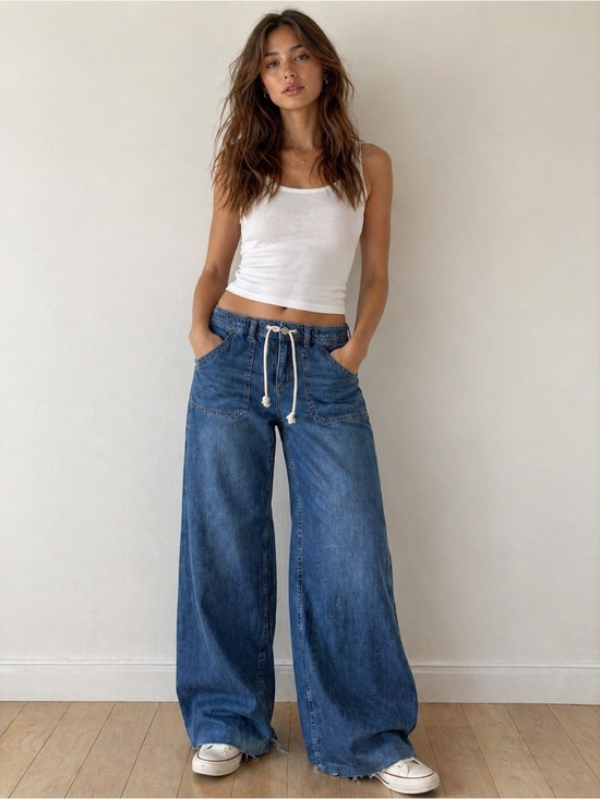 Lucky Brand Denim - Lucky Brand Flowy Coastal Boho Blue Wide Leg Drawstring Jeans. Size Small